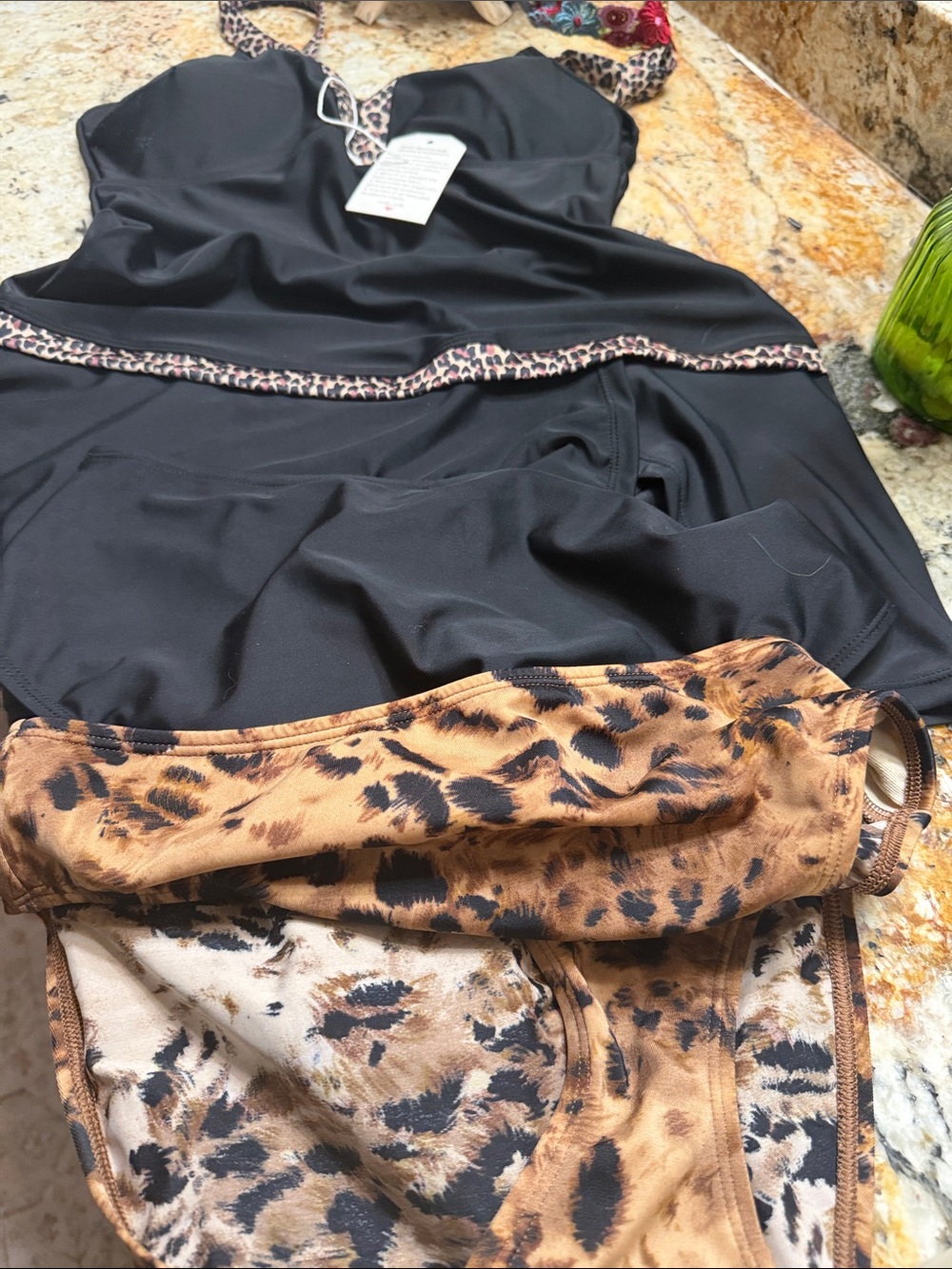 Black Tankini Swim Dress with Leopard-Trim Accents and two bottoms.